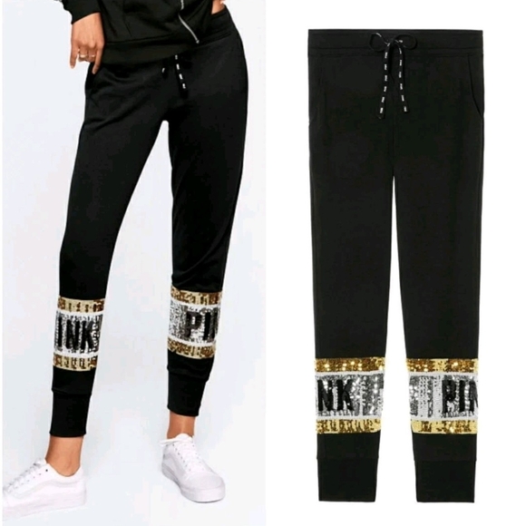PINK Victoria's Secret Black Joggers with Gold Sequin Detail - Picture 1 of 6
